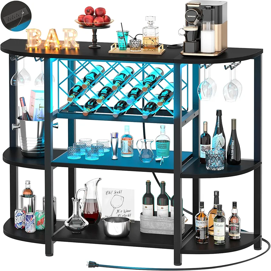 Unikito 4-Tier Metal Coffee Bar Cabinet with Outlet and LED Light, Freestanding Floor Bar Table for Liquor with Glass Holder and Wine Storage, Wine Table Bakers‘ Rack for Kitchen Dining Room, Black