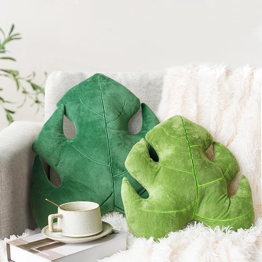 AELS Set of 2 3D Leaves Decorative Throw Pillows, 18"& 14" Monstera Deliciosa Plush Pillow Set for Plant Lovers Garden Lovers, Living Room Bedroom Nursery Decor, Light Green & Dark Green