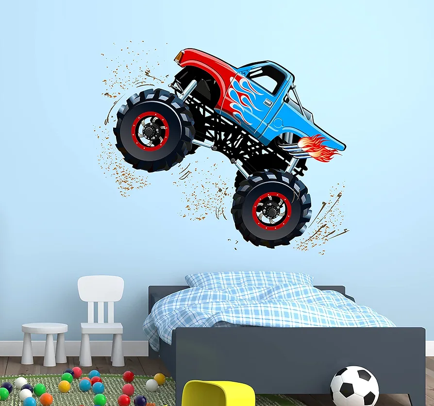 Decalzone Inc Monster Truck Wall Decal - Monster Truck Wall Decor - Nursery Wall Decals - Truck Theme Kids Bedroom Decor Baby Boy Room Vinyl Sticker (22InW x 18InH)