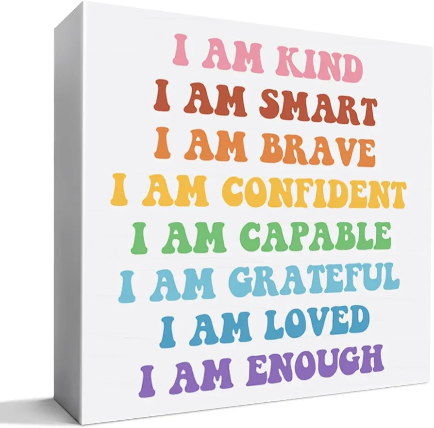 Kids Affirmations Desk Decor Wooden Sign, Nursery Decoration for Playroom Toy Room Toddler Kid's Bedroom, Nursery Gift for Baby Boy Girl Newborn Kids, I Am Kind