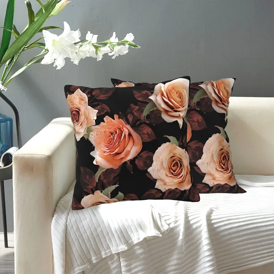 Decorative Throw Pillow Covers Set of 2, 16"x16" Square Cushion Case Soft Comfy Black Peach Rose Throw Pillows for Couch Cushion Livingroom Farmhouse Home Decor Pillowcases