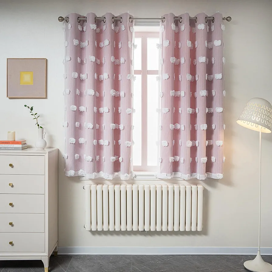 MYSKY HOME Double Layer Curtains for Girls Bedroom Kids Curtain White Pom Pom Sheer Window Curtains 2 Panels Pink Curtains Grommet Room Darkening Solid Nursery Curtains 63 Inches Length, W52 X L63