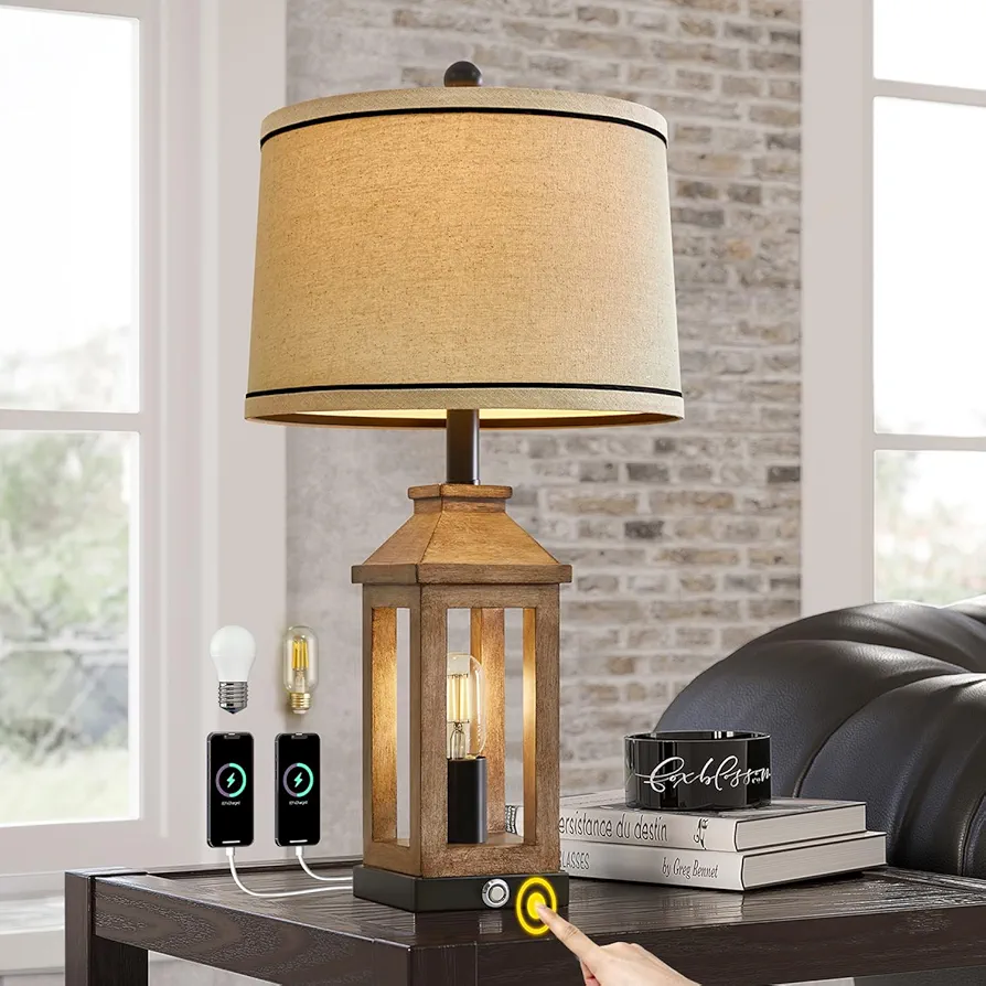 23.75" Farmhouse Table Lamps Set USB A+C Charging Ports 3-Way Dimmable Touch Control Lamp Nightlight Vintage Modern Lamp for Living Room Bedroom with 2 Light Sources