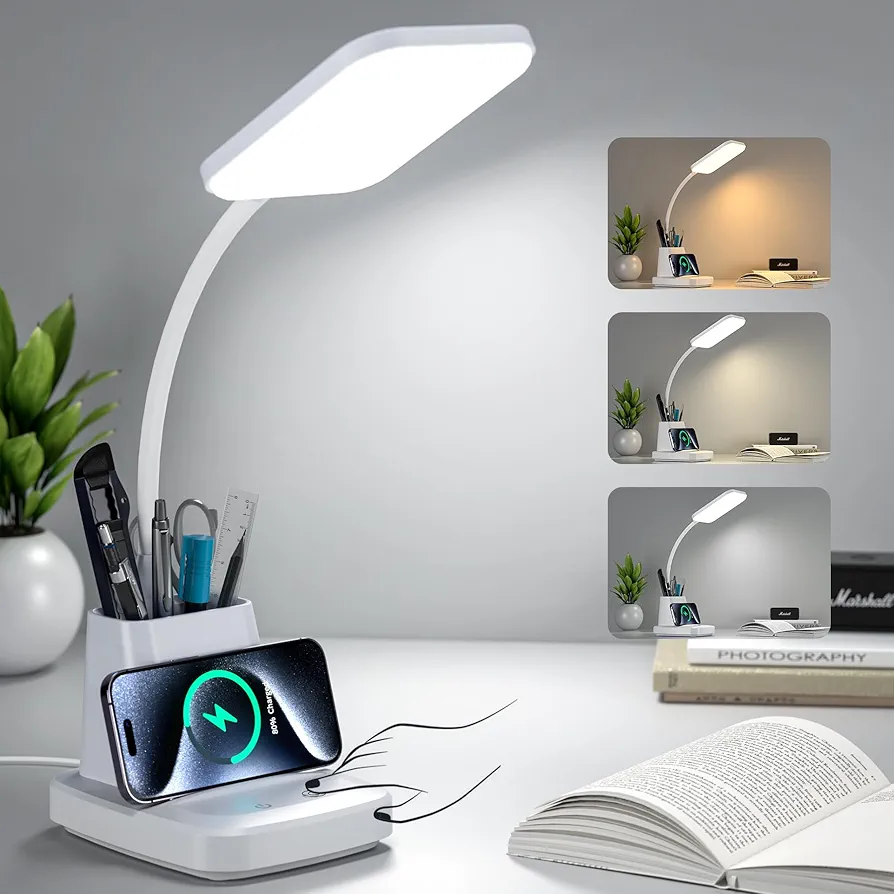 GOLSPARK Desk Lamp with Wireless Charger, LED Desk Lamps for Home Office Eye-Caring CRI 85+, 3 Color Modes, Stepless Dimming Touch Table Lamp, Study Small White Lamp with Pen Holder for College Dorm