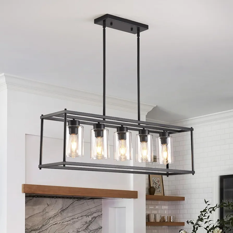 Black Dining Room Light Fixture, 5-Lights Modern Rectangular Chandelier with Clear Glass Shades, Farmhouse Linear Island Lights for Kitchen Pool Table Bar, L35.4