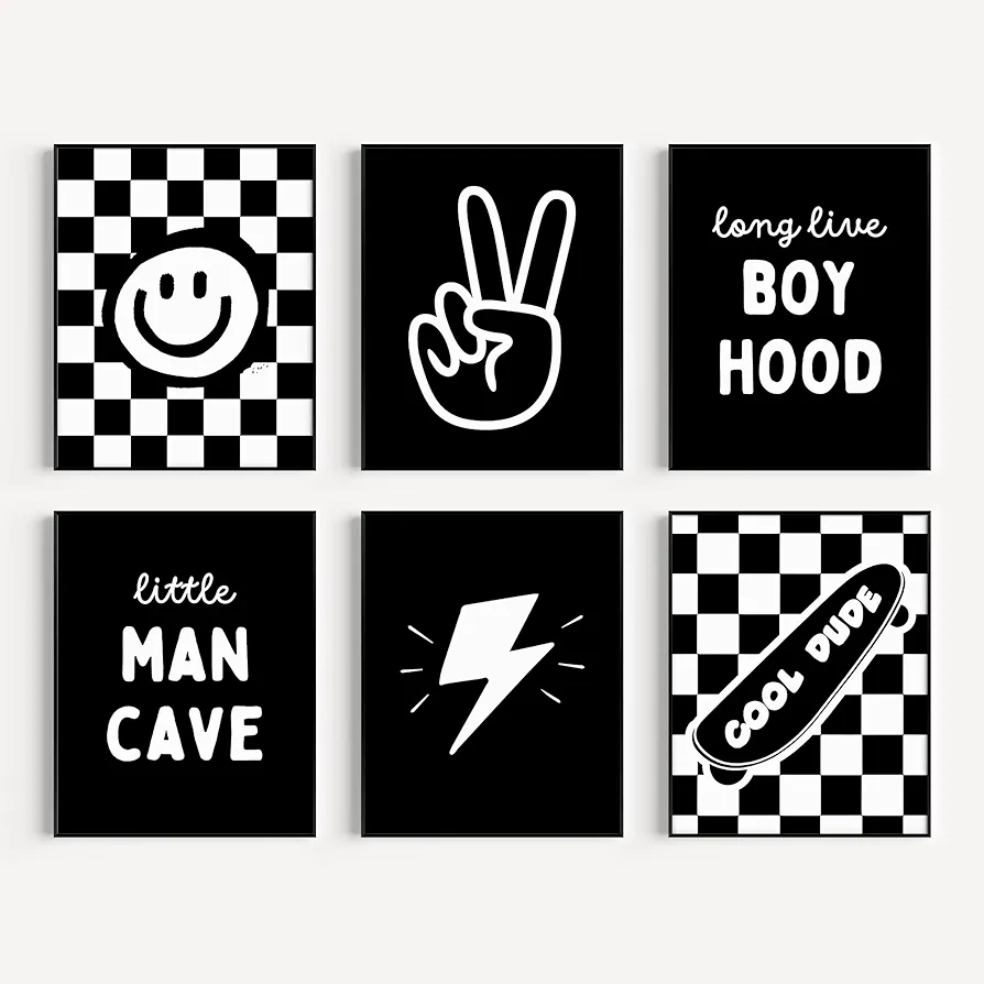 Little Man Cave with Long Live Boyhood Wall Art Posters | Set of 6 Preppy Retro Poster Prints, 8x10 Inches Unframed | Wall Art Decor for Boy's Nursery & Toddler Room | Teen Boys Gifts