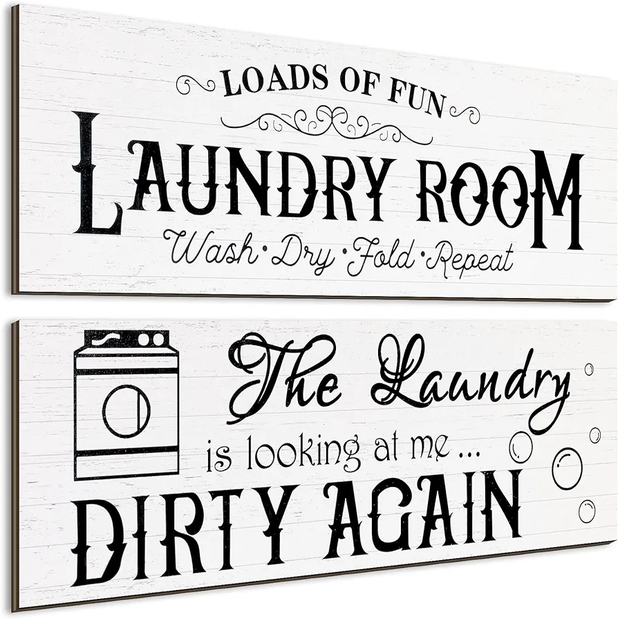 Jetec 2 Pieces Laundry Room Wooden Signs Rustic Family Farmhouse Laundry Room Wall Decor Vintage Bathroom Wall Sign Laundry Rules Hanging Printed Decor for Home Laundry Room, 13.8 x 4.7 Inch (White)