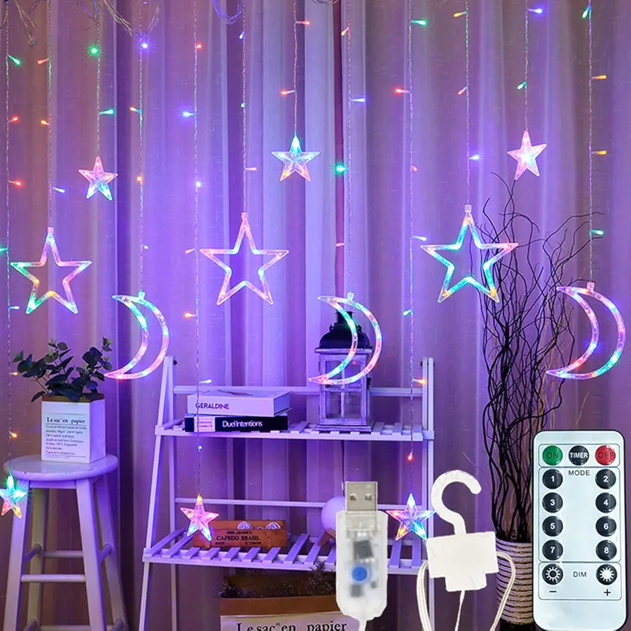 7.5ft Decorative Starry String Curtain Lights Moons and Stars LED Night Light for Home Decoration Party,Remote Control USB Powered