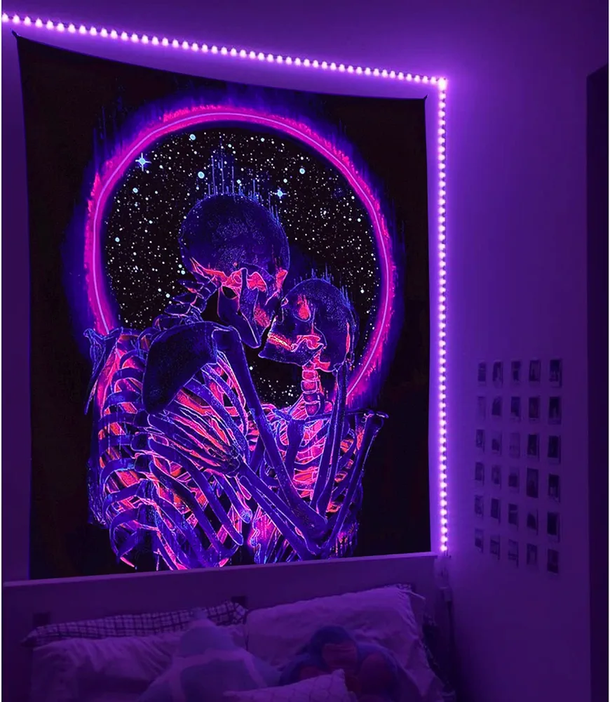 Manicer Blacklight Skull Tapestry, The Kissing Lovers Tapestry UV Reactive Trippy Neon Tapestries Glow in the Dark Party Backdrop, Skeleton Wall Art for Bedroom Living Room – 59.1" x 80"