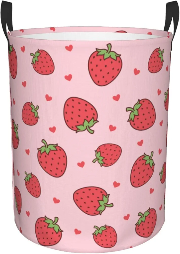 Cute Pink Strawberry Heart Large Laundry Basket Round Laundry Hamper Storage Basket Collapsible Laundry Baskets With Handles Dirty Clothes Basket Hampers for Bedroom Home Dorm Room Decor