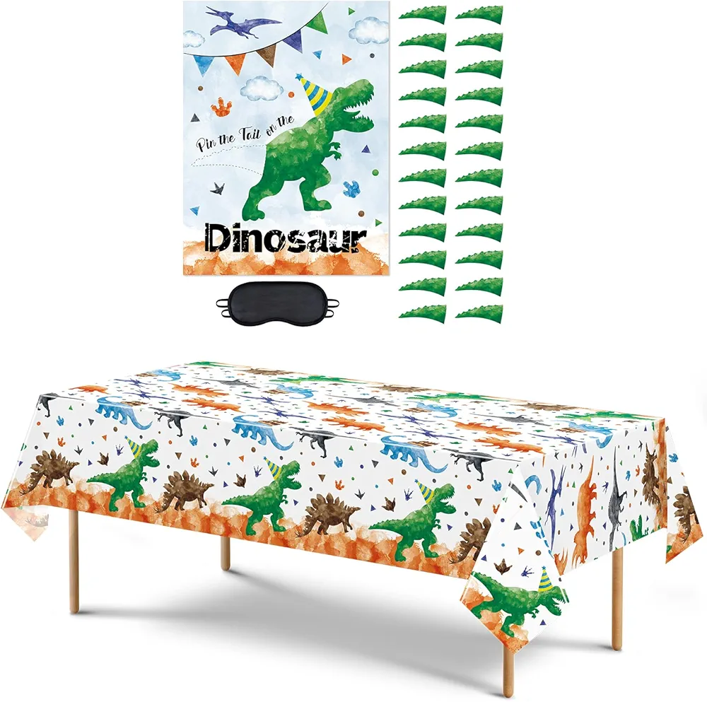 WERNNSAI Watercolor Dinosaur Party Table Cover Dinosaur Party Pin Game Birthday Decorations for Kids Boys Party Supplies