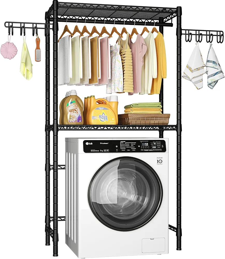 Ulif U12 Laundry Room Storage Rack, 2-Tier Over Washer and Dryer Storage Shelves for Organization, Clothes Drying Rack for Hanging Clothes and Towels, 35" W x 13.4" D x 77.3" H, Black