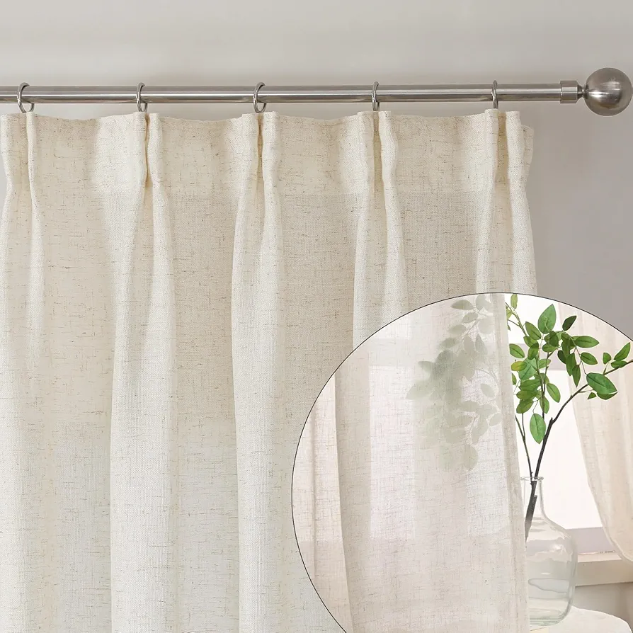 90 Inch Curtains Natural Linen Curtains 90 Inches Long Neutral Sheer Curtains 2 Panels Set Textured Pinch Pleated Drapes Farmhouse Curtains for Living Room Custom Cream Window Treatments