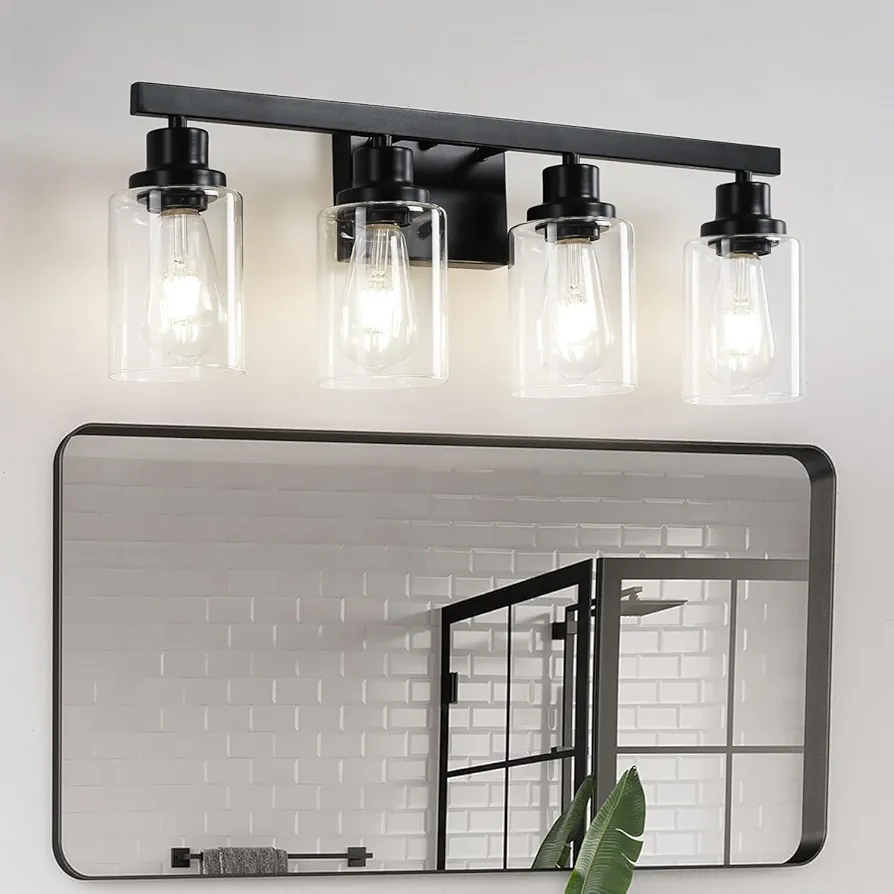 Bathroom Vanity Light, 4-Light Modern Matte Black Wall Sconce Lighting with Clear Glass Shade, Black Wall Lights,Bath Vintage Wall Mounted Lamps for Mirror Bedroom,Living Room