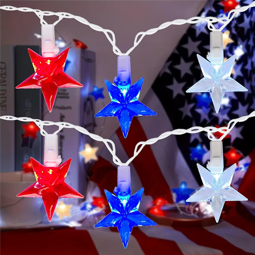 Red White and Blue Star String Lights,13.6Ft Patriotic Lights with 38 LED Multicolor Star Lights(3 Spare),Star LED Lights Plug in for Indoor Outdoor President's Day 4th of July Decor Parties