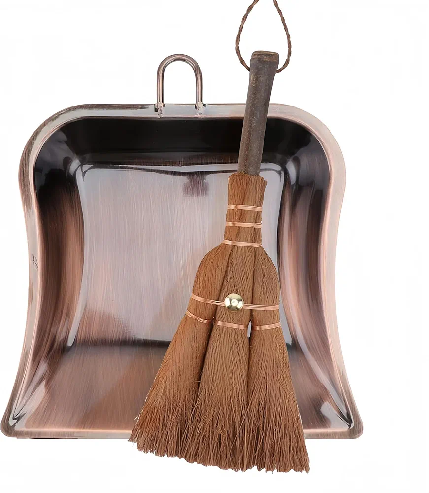 Metal Dustpan and Brush Set Natural Hand Broom HandHeld Dust Pan for Fireplace, Woodstove, Workshop, Utility Room