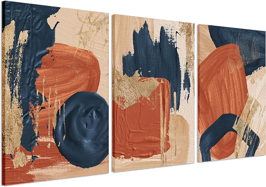 AKWISH Mid Century Abstract Canvas Wall Art Set of 3, Terracotta Navy Blue and Orange Boho Wall Decor Posters Prints, Minimalist Wall Art Painting for Living Room Bedroom Office Framed 12x16in