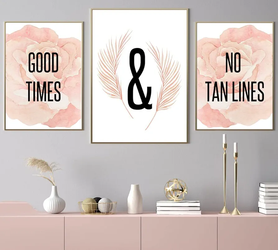 Pink Room Decor Wall Art 3 Pieces Good Times & No Tan Lines Poster Prints Canvas Painting Framed Artwork for Tanning Salon Decoration with Inner Frame