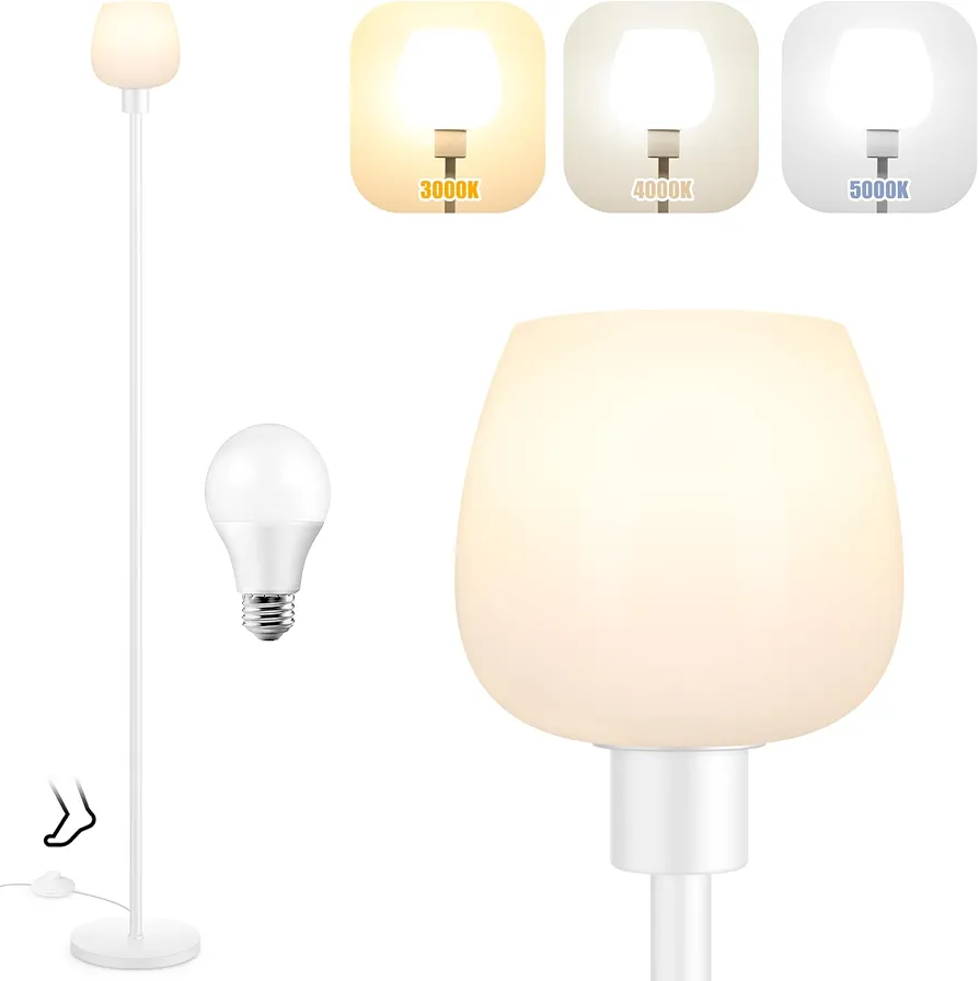 Floor Lamp for Living Room with 3 Color Temperatures, Standing Lamp with White Opal Glass Lampshade, Modern Tall Lamp with Foot Switch, Pole Lamp for Office Bedroom Dining Room, 9W LED Bulb Included