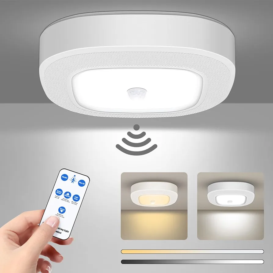 Battery Powered Motion Sensor Light Indoor with Remote, 300LM Dimmable Battery Operated Ceiling Light, 3000K&6000K Color Changeable Wireless Ceiling Light For Closets Shower Living Room Hallway Porch