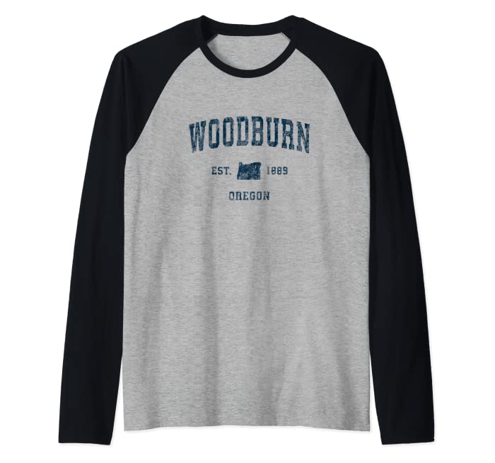 Woodburn Oregon OR Vintage Sports Design Navy Print Raglan Baseball Tee