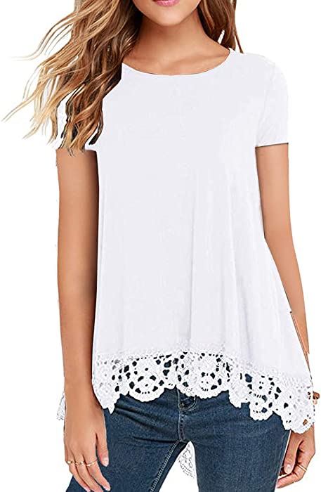 QIXING Women's Tops Short Sleeve//Long Sleeve Lace Trim O-Neck A Line Tunic Blouse