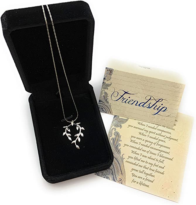 Smiling Wisdom - Vine Leaf Necklace Friendship Gift Set - A Reason Season Lifetime Friend Heartfelt Message - Unique Appreciation Gifts For Encouraging Her Women Best BFF - Platinum Plated - Silver