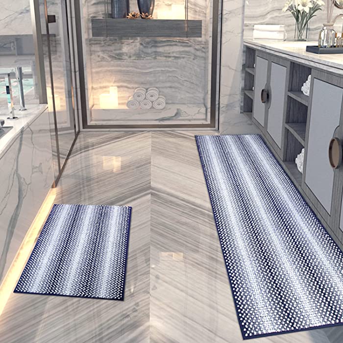 Navy Blue Bathroom Rugs Set Bath Mat Runner for Bathroom Non Slip Shaggy Machine Washable Plush Bath Rug Water Absorbent Super Bathroom Mat Rugs 17"×24"+17"×47"