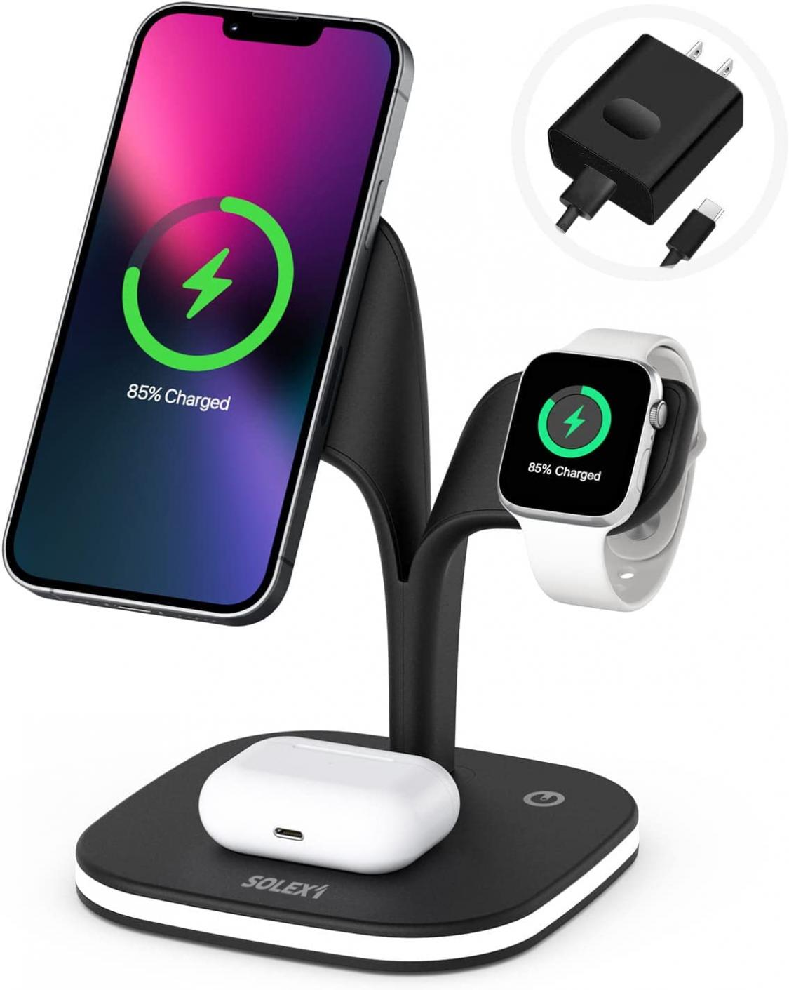 Wireless Charging Station for iPhone 12/13 Apple iWatch 7/SE/6/5/4/3 & Airpods Pro/2 Multi Device Charge Stand & LED Light 3 in 1 Charge Station 15W SOLEX1 Magnetic Qi Enabled (Black)