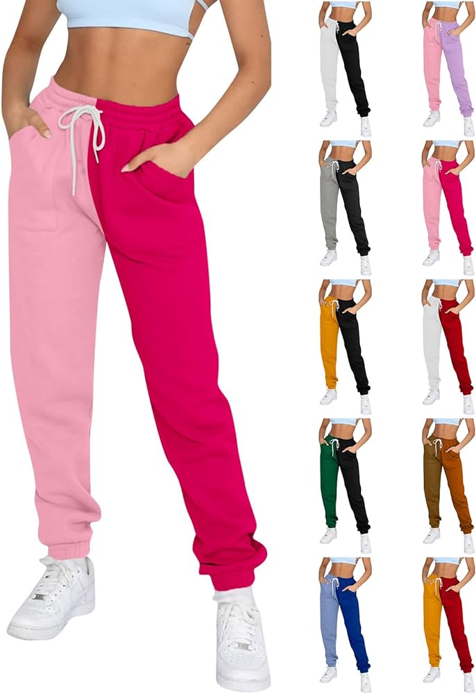 Fleece Straight Leg Sweatpants for Women Elastic High Waisted Joggers with Pockets Lightweight Cinch Bottom Trousers