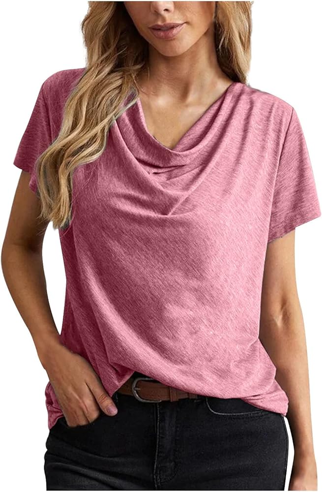 DASAYO Women's Drape Cowl Neck Tops Casual Summer Short Sleeve Blouse Shirts Loose Solid Comfy Fashion Shirt Tunics Clothes