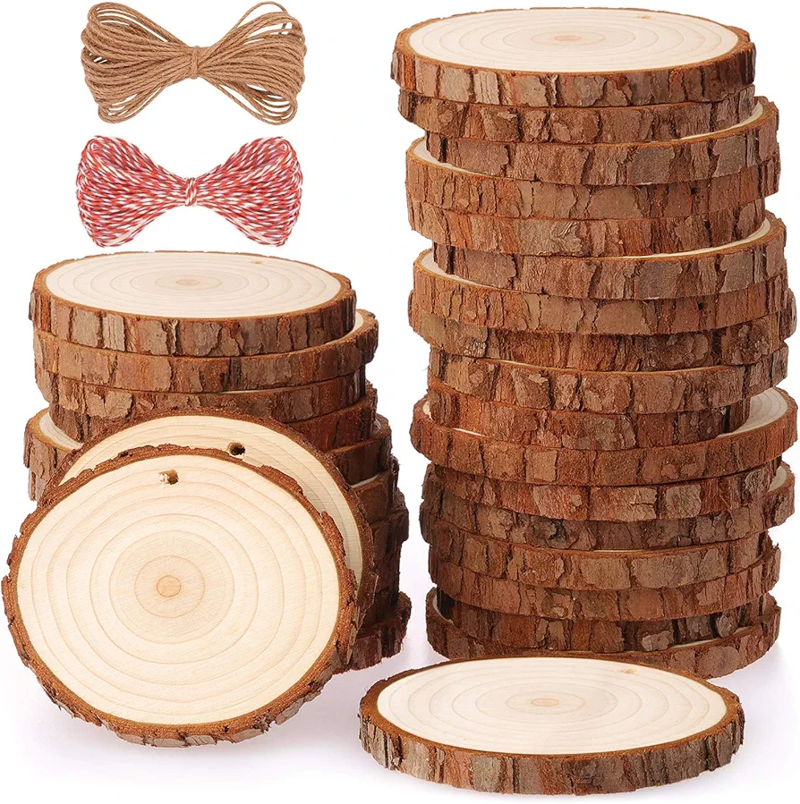 Fuyit Natural Wood Slices 30 Pcs 2.4-2.8 Inches Craft Wood Kit Unfinished Predrilled with Hole Wooden Circles Tree Slices for Arts and Crafts Christmas Ornaments DIY Crafts