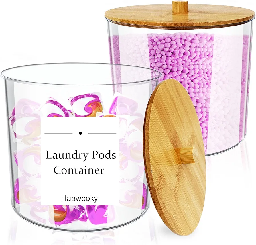 2 Pack Laundry Pods Container,93 oz Large Acrylic Laundry Storage Jars with Bamboo Lids,Detergent Holder for Bath Bombs,Dryer Balls,Scent Boosters,Laundry Room Organization