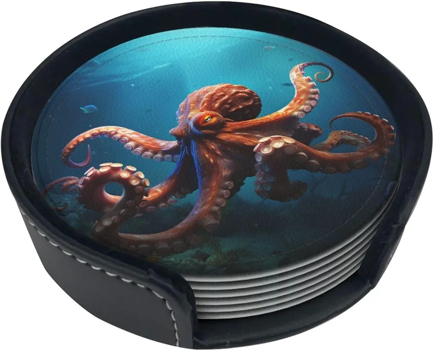 Kururi Ocean Animal Octopus Print Leather Coasters Set of 6 Waterproof Heat-Resistant Drink Coasters Round Cup Mat with Holder for Living Room Kitchen Bar Coffee Decor