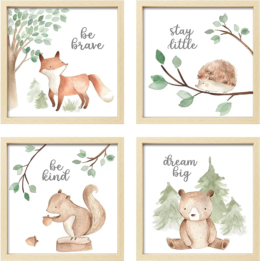 ArtbyHannah 4 Pack Framed Woodland Baby Nursery Wall Art Decor with 10x10 Wood Picture Frames and Cute Safari Animals Prints for Kids Playroom Decoration, Light-Wood