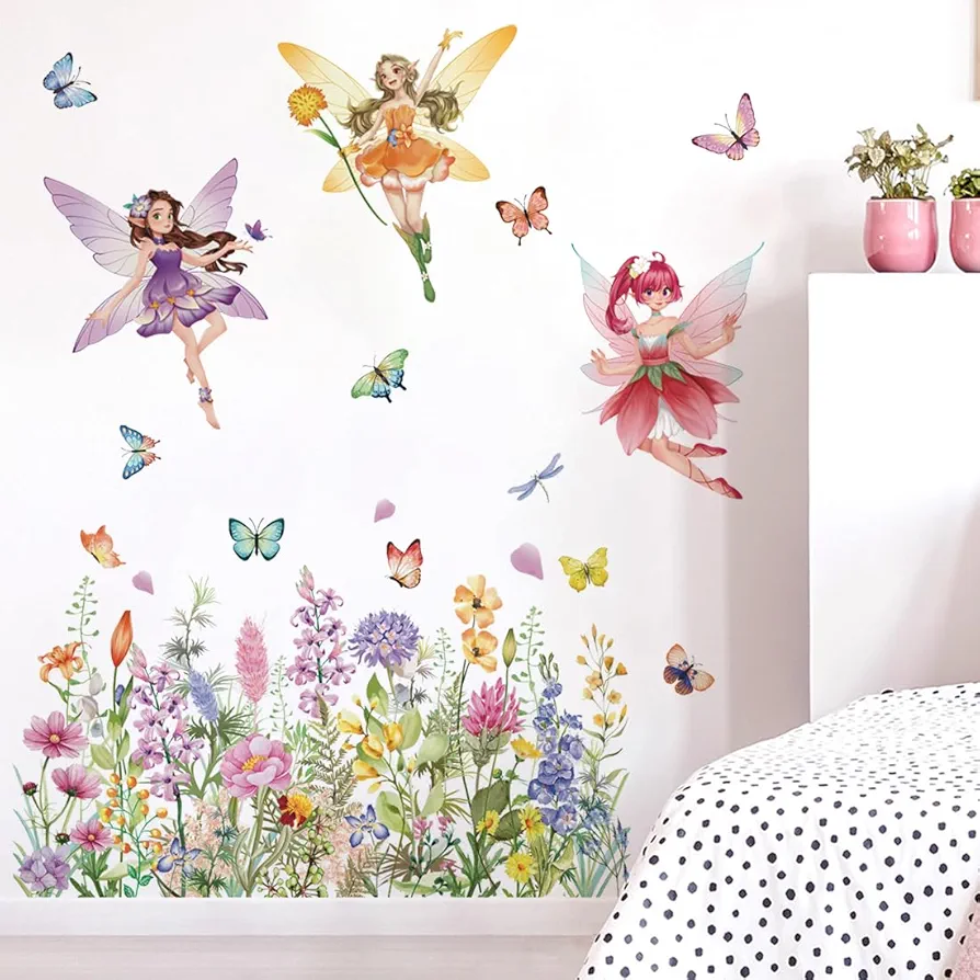 Runtoo Fairy Floral Wall Decals Wildflower Butterfly Elf Wall Stickers Girls Bedroom Kids Room Baby Nursery Wall Decor