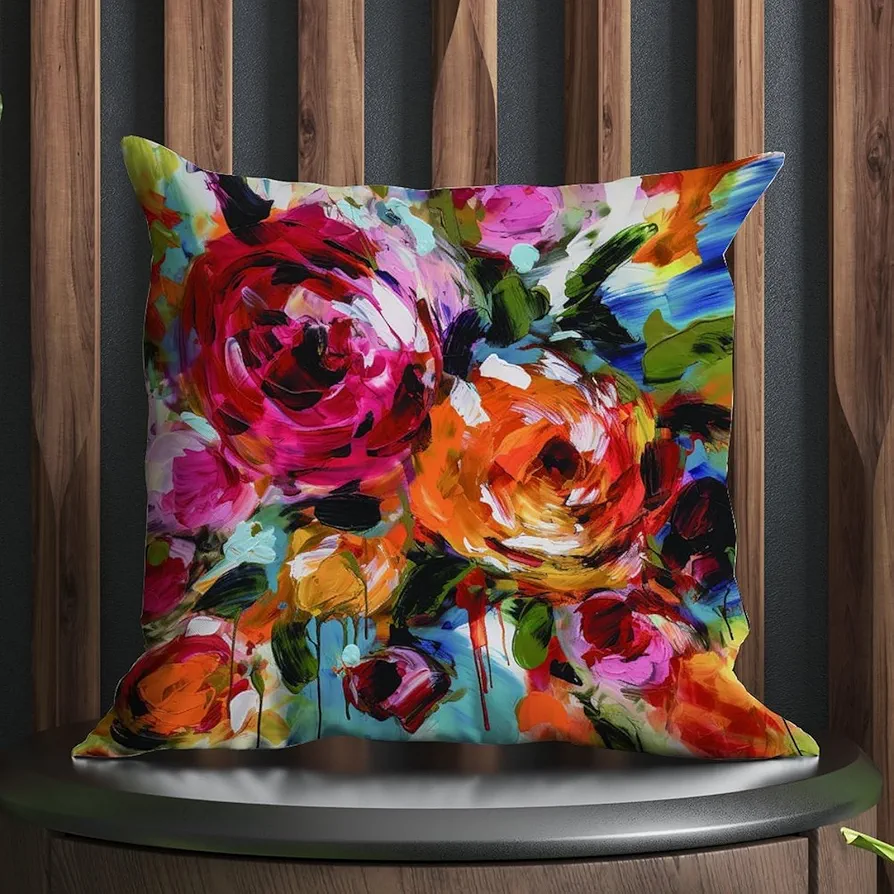 Bright Floral Pink Rose Dorm Throw Pillow Covers Blooms Flower Painting Pillows Accent Pillowcase Modern Decorative Cushion Covers Home Decor for Bedroom Living Room Couch Bed 18x18 in