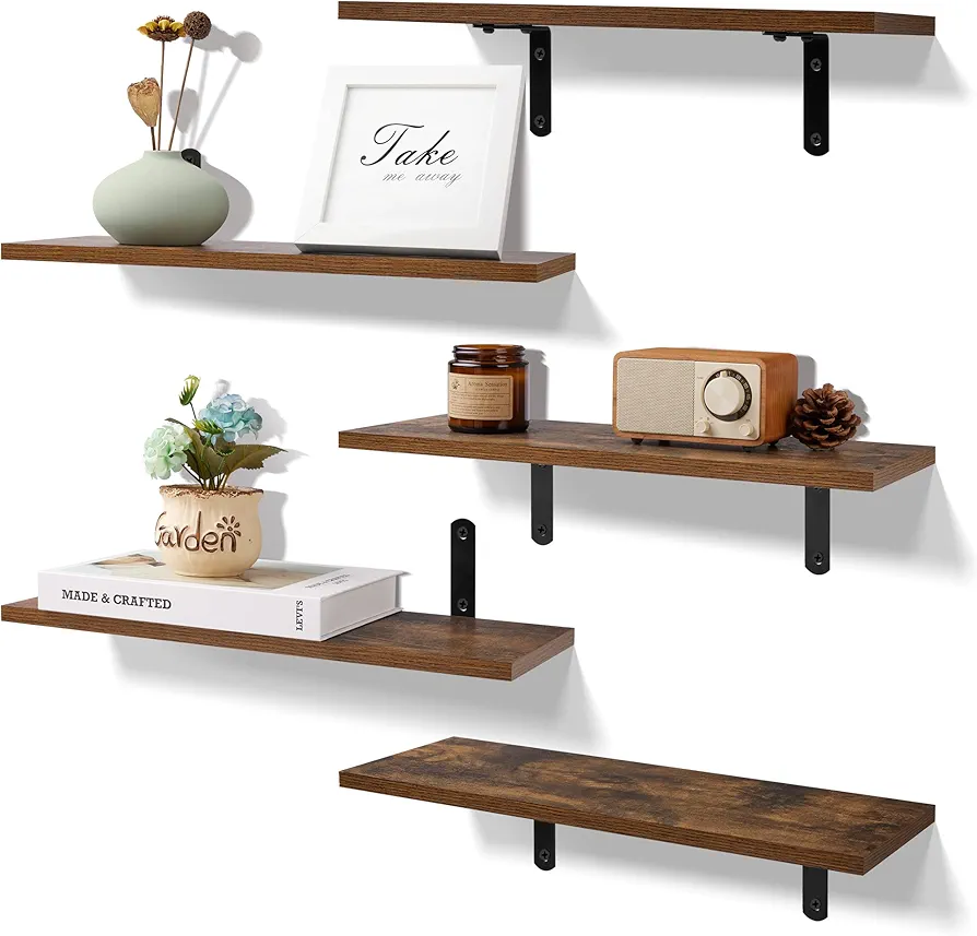 upsimples Floating Shelves for Wall Decor Storage, Dark Brown Wall Mounted Shelves Set of 5, Sturdy Small Wood Shelves Hanging for Bedroom, Living Room, Bathroom, Kitchen, Corner, Book