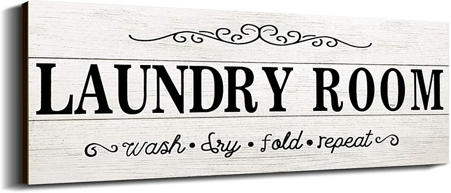 Laundry Room Decor Sign Wooden Rustic Farmhouse Family Laundry Room Wall Sign Wash Dry Fold Repeat Wall Decor Prints for Home Laundry Room, 16 x 6 Inches (White)