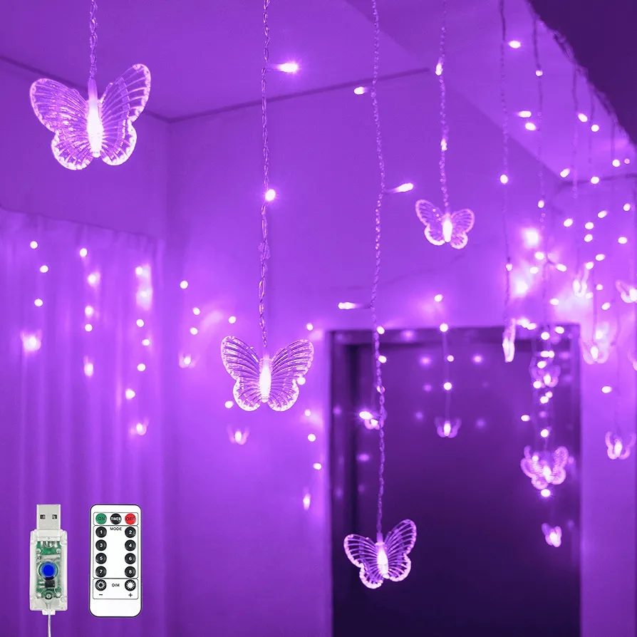 Butterfly Curtain Lights 13ft 96 LED Fairy Lights 8 Modes String Lights with Remote, Butterfly Hanging Decoration for Girls Room Bedroom Wall Ceiling Party Wedding Holiday Christmas (Purple)