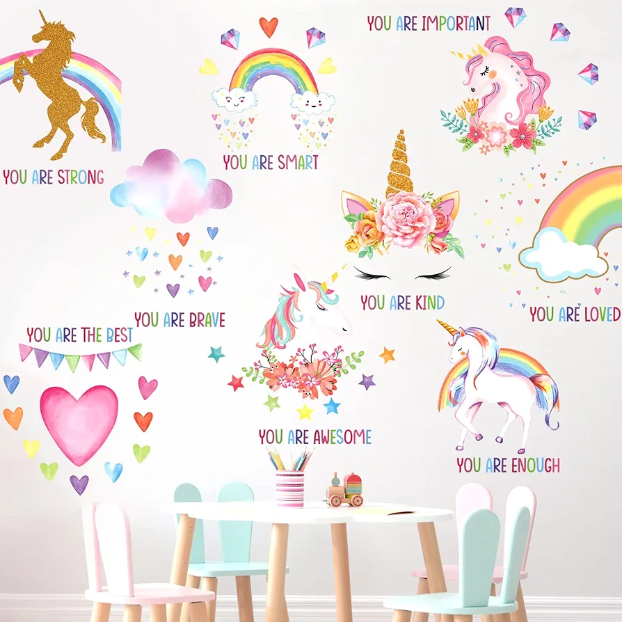 9 Pieces Unicorn Room Decal for Girls Bedroom Unicorn Rainbow Wall Decals Removable Inspirational Wall Decal Unicorn Wall Stickers Decor for Girls Kids Bedroom Nursery Birthday Party (Lovely Style)