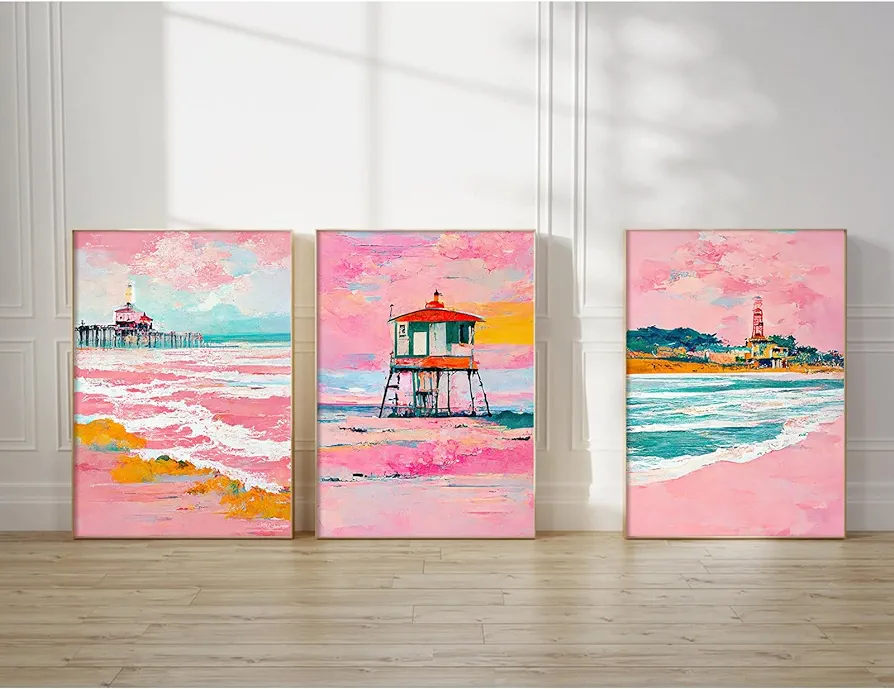 Beach Boho Wall Art Prints Set of 3 Preppy Coastal Wall Decor Pictures Pink Beach Canvas Wall Decor Art Pastel Surf Art Lighthouse Poster Coastal Artwork for Living Room Bedroom 12x16 Inch Unframed