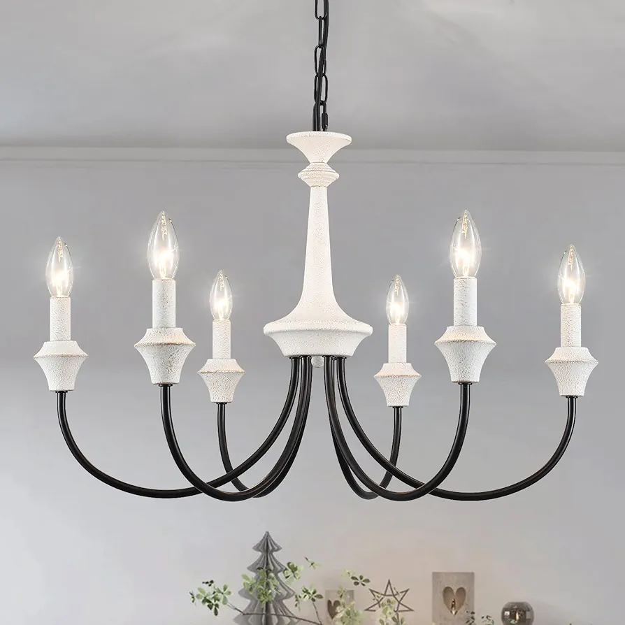 Black and White Chandelier 6 Lights Modern Farmhouse Chandelier French Country Chandeliers for Dining Room Light Fixture Rustic Candle Pendant Lighting for Kitchen Island Living Room Foyer