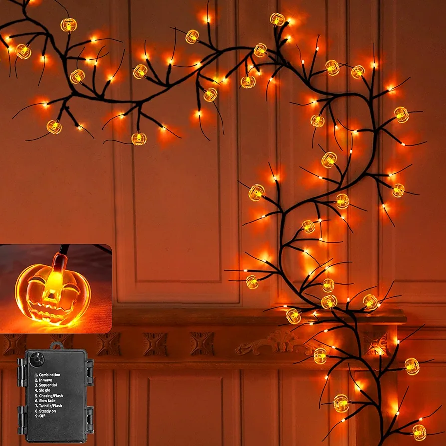 [ 8 Modes & Timer ] 6 Ft 54 LED Halloween Willow Vine Twig Decor Garland with Pumpkins Orange Lights Waterproof Battery Operated Halloween Decorations Branches Garland for Wall Bedroom Home Fireplace