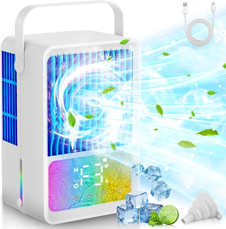 Portable Air Conditioner, 4 in 1 Evaporative Air Cooler with 600ml Water Tank, 1-8 H Timing Touch Screen Portable Air Cooler, Personal Desktop Cooling Fan for Car Home Camping Room