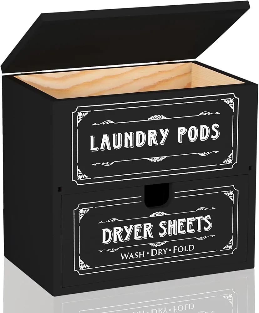 Farmhouse Dryer Sheet Holder with Hinged Lid, Rustic Wooden Dryer Sheet Dispenser and Laundry Pods Container, Laundry Sheet Storage Box Fabric Softener Dispenser for Room Laundry Decor, Black