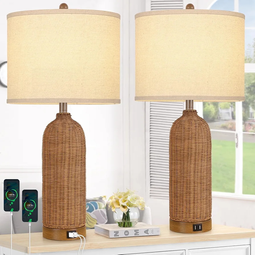 Set of 2 Rattan Table Lamps with 2 USB Ports, 29'' Tall Farmhouse Lamp for Living Room, Bedroom, Office, Vintage Brown Desk Nightstand Lamps with Oatmeal Fabric Linen Shade, Large Size