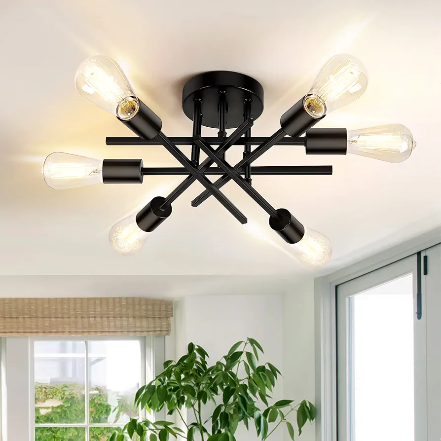 TOBUSA 6-Light Semi Flush Mount Ceiling Light Fixture, Black Sputnik Ceiling Light, Modern Close to Ceiling Light Fixture for Kitchen Bedroom Dining Room Living Room Hallway Chandelier, E26 Socket