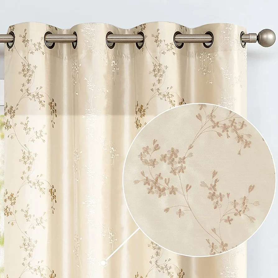 jinchan Floral Curtains Embroidered Curtains for Living Room 84 Inch Long Faux Silk Curtains Light Gold Flower Patterned Drapes Light Filtering Curtains Window Curtain Set 2 Panels