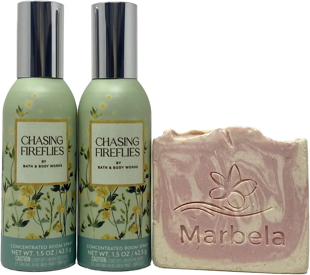 Bath and Body Works Chasing Fireflies Concentrated Room Spray 2 Pack with a Marbela Sample Soap